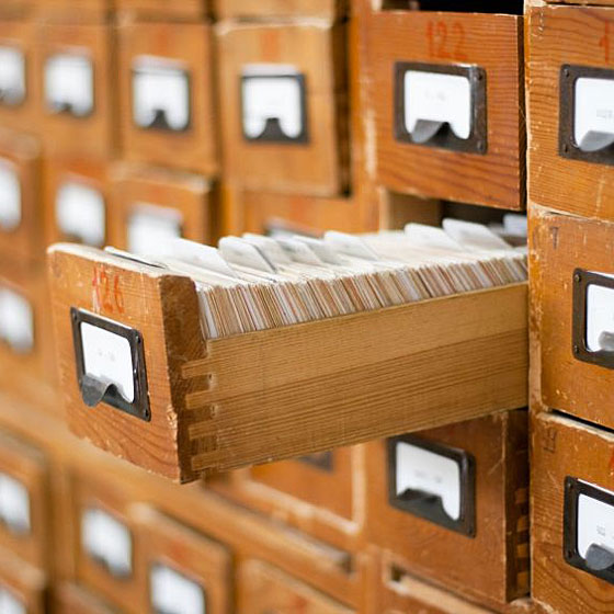 vintage wooden library card catalog drawers