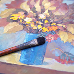 Autumn still life and paintbrush