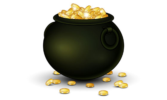 gold coins in a black pot