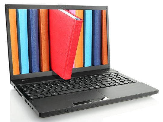 online library - books in a laptop computer screen