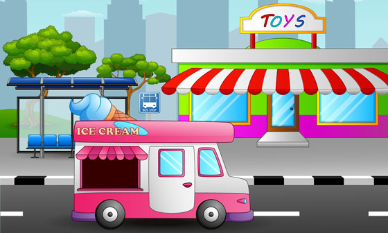 toy store, ice cream truck, and bus stop